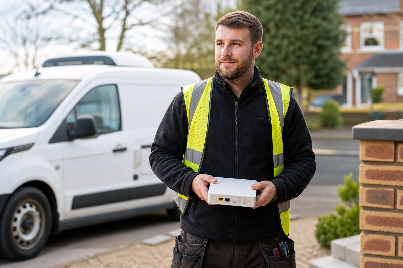 Technician Installing Fiber Optic Modem in Van Technician Installing Fiber Optic Modem in Van